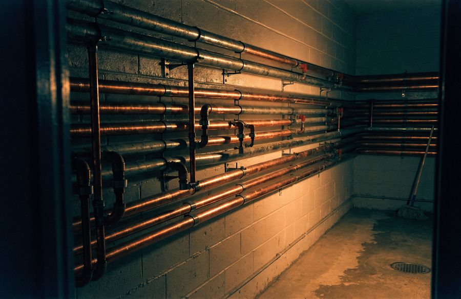 Bank of copper and galvanised pipe running along a block wall in a commercial utility room with inline valves
