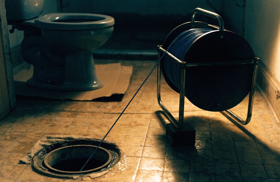 Drum drain machine on a bathroom floor with its cable feeding into an open floor pipe where a toilet has been pulled