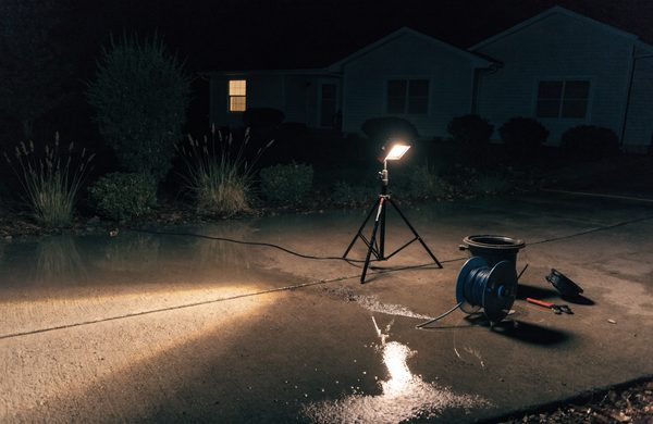 Night emergency call on a wet driveway, a work light on a tripod beside a drain machine reel and an open cleanout
