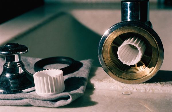 Bathroom faucet taken apart for a cartridge replacement with the handle and parts laid out on a cloth