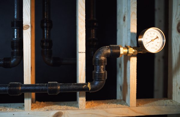 Black iron gas pipe run through open wall framing with threaded fittings, a brass union and a pressure test gauge