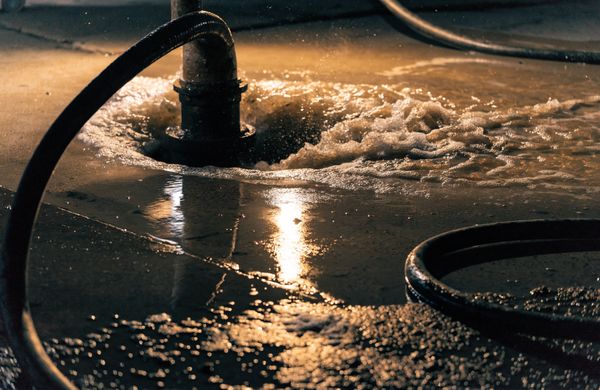 High pressure hose entering an open sewer cleanout with water surging back out across wet concrete