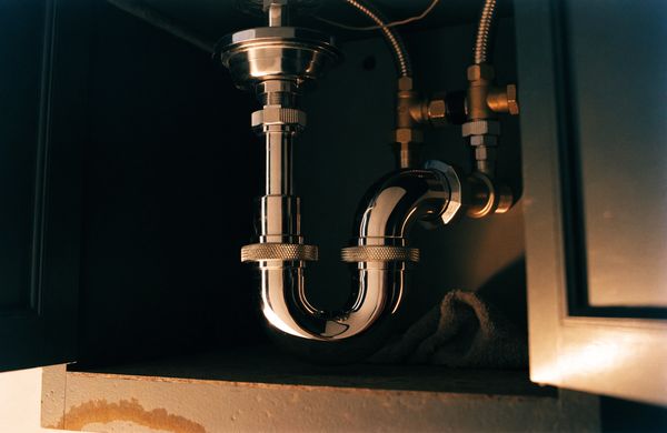Chrome P trap and braided supply lines under a kitchen sink seen through the open cabinet