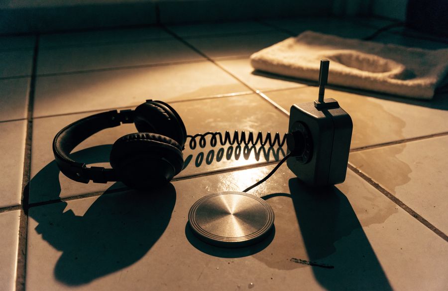 Acoustic ground microphone and amplifier set on a tiled floor with headphones beside them for locating a hidden leak