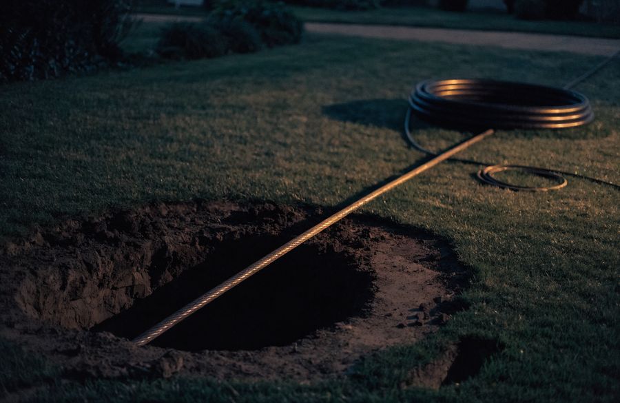 Trenchless sewer access pit cut into a lawn with a taut steel cable and a coil of new black pipe staged beside it