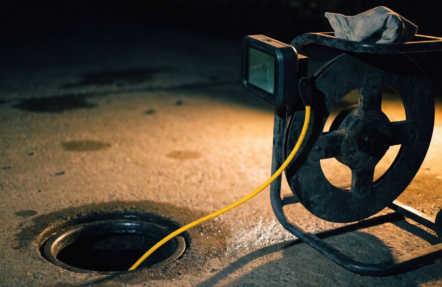 Sewer inspection camera reel on a driveway with its yellow push cable feeding into an open cleanout