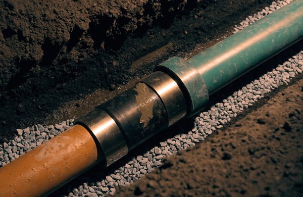 New sewer pipe joined to older clay pipe with a banded coupling at the bottom of a trench