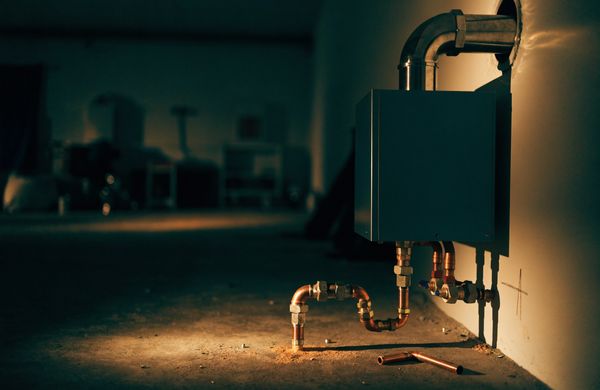 Wall mounted tankless water heater with copper supply lines, isolation valves and a stainless vent through the wall