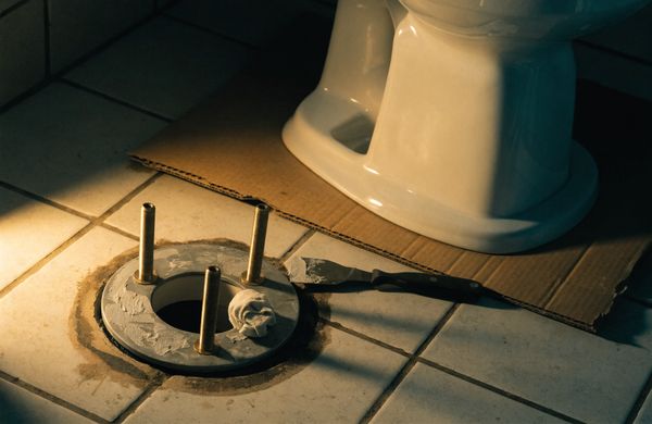 Exposed closet flange in a tile floor with new closet bolts set upright and the toilet lifted aside