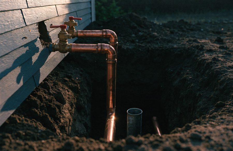 Copper water service piping with brass ball valves at the exterior wall of a house above an open excavation